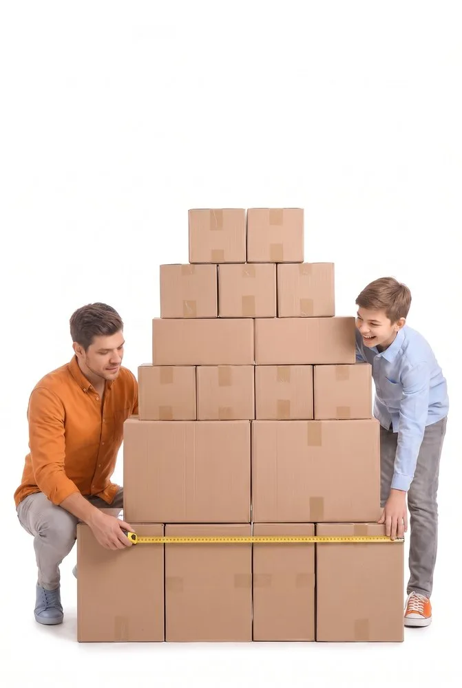 Padre e hijo midiendo una pila de cajas