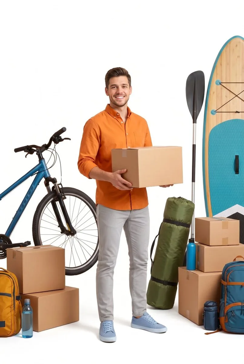 Cliente con una caja, bicicleta y tabla de surf