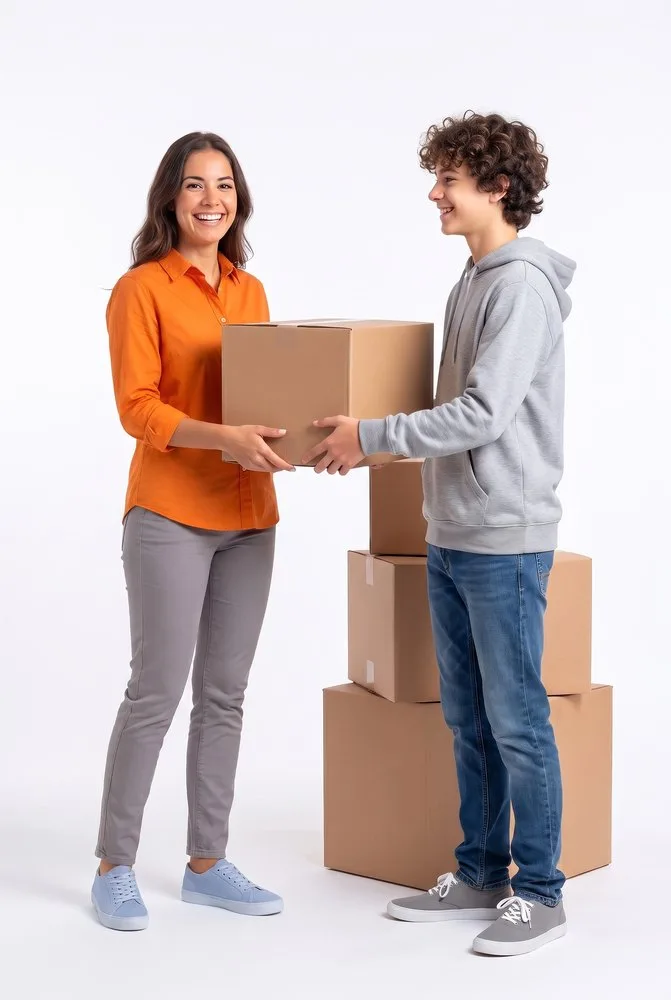 Clienta y cliente con cajas de mudanza