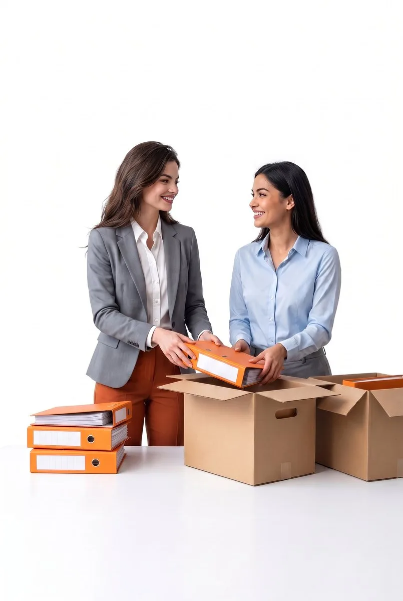 Dos profesionales organizando archivadores en cajas