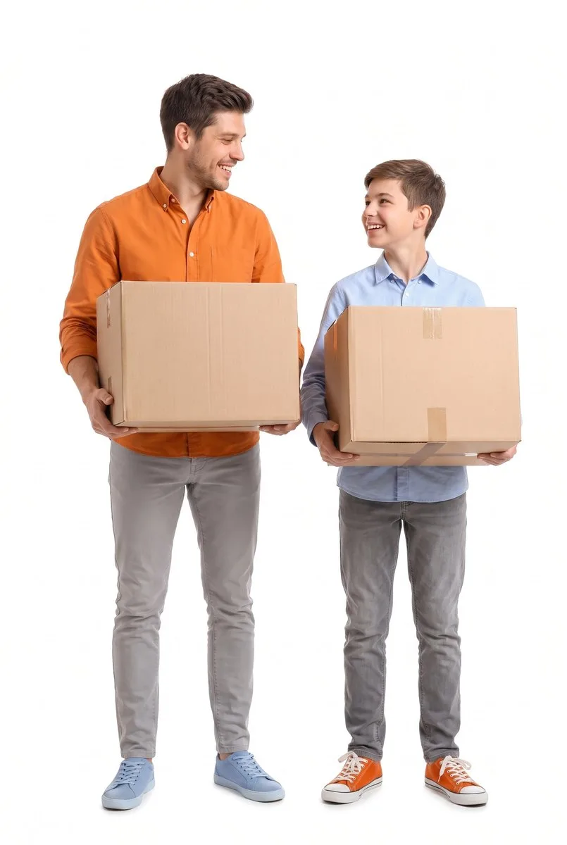 Padre e hijo con cajas de mudanza